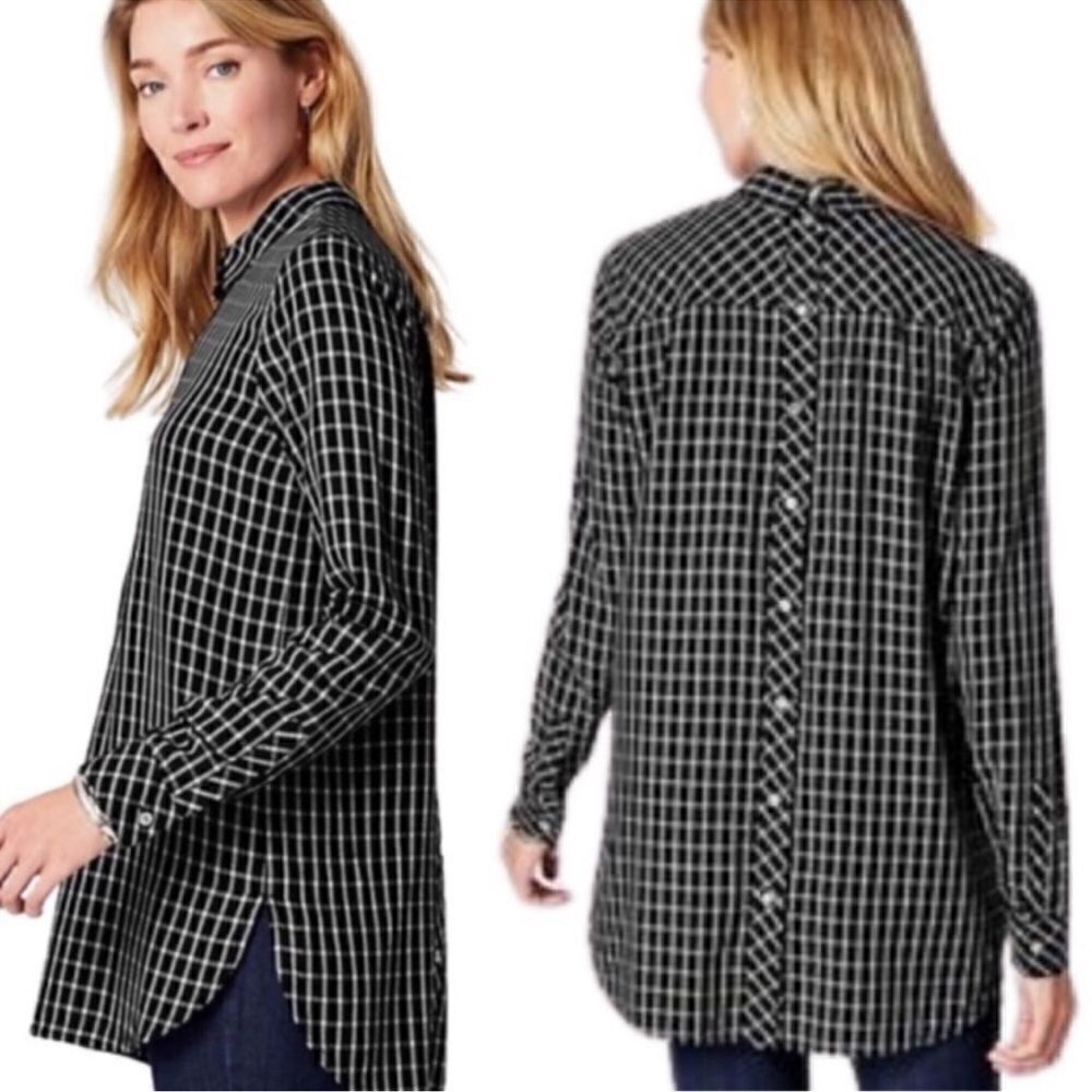 J. Jill Plaid Long Sleeve Tunic Blouse Longline Windowpane Button Back Small